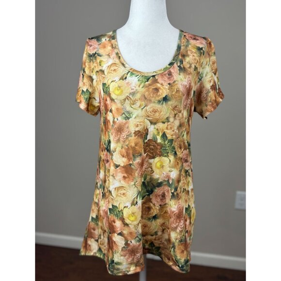 NEW LuLaRoe Womens Knit Tunic Top S Short Sleeve Brown Yellow Floral Scoop Neck - Picture 1 of 8